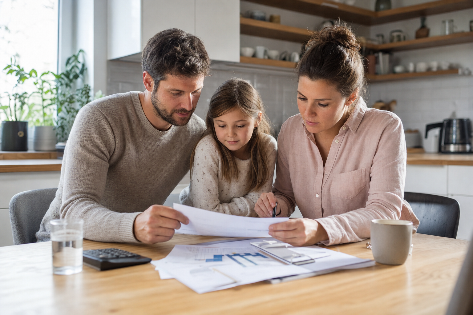 Familie sitzt am Küchentisch und prüft gemeinsam Baufinanzierungsunterlagen