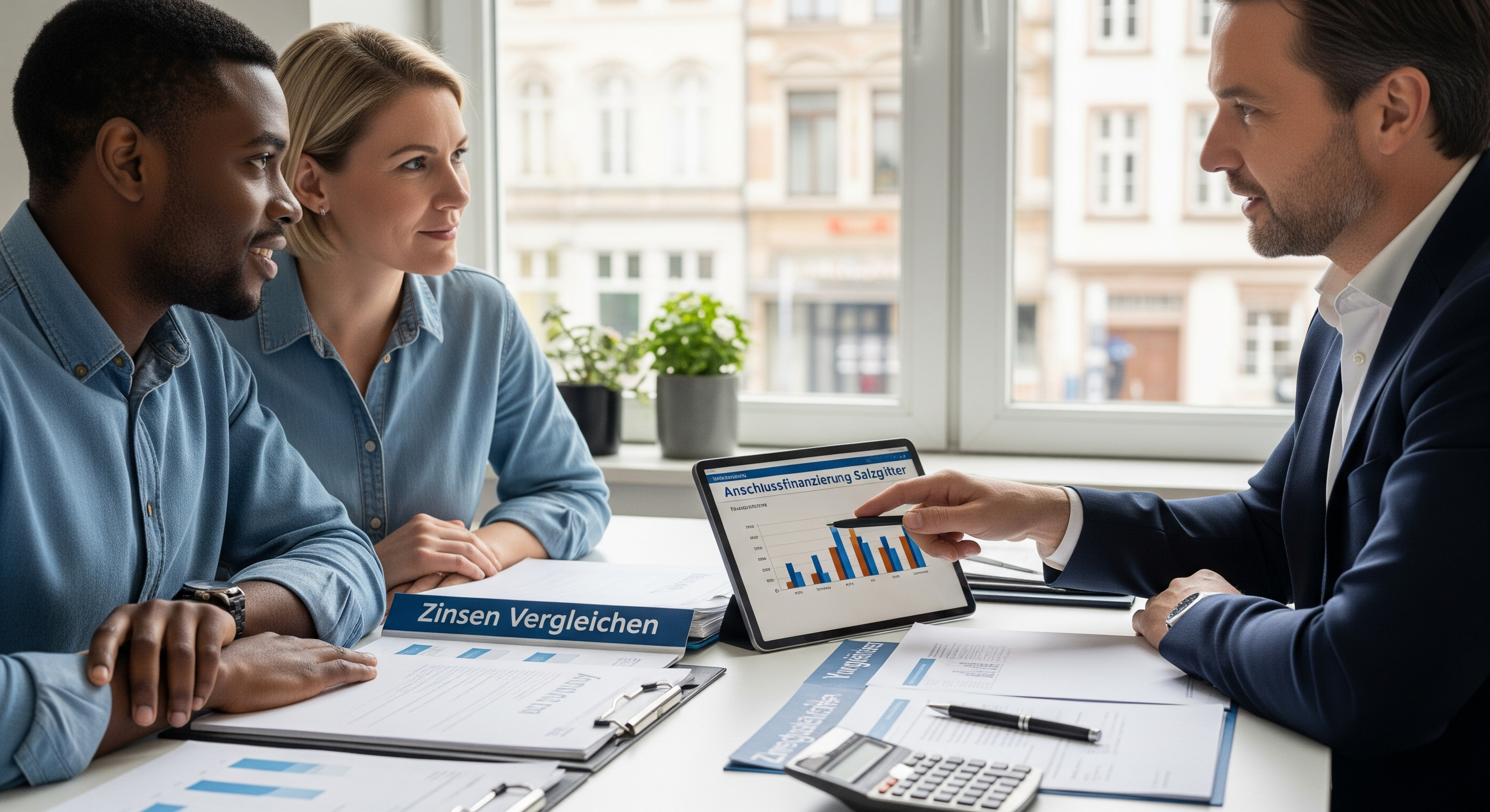 Berater erklärt einem Paar am Schreibtisch Finanzierungskennzahlen auf Papierunterlagen