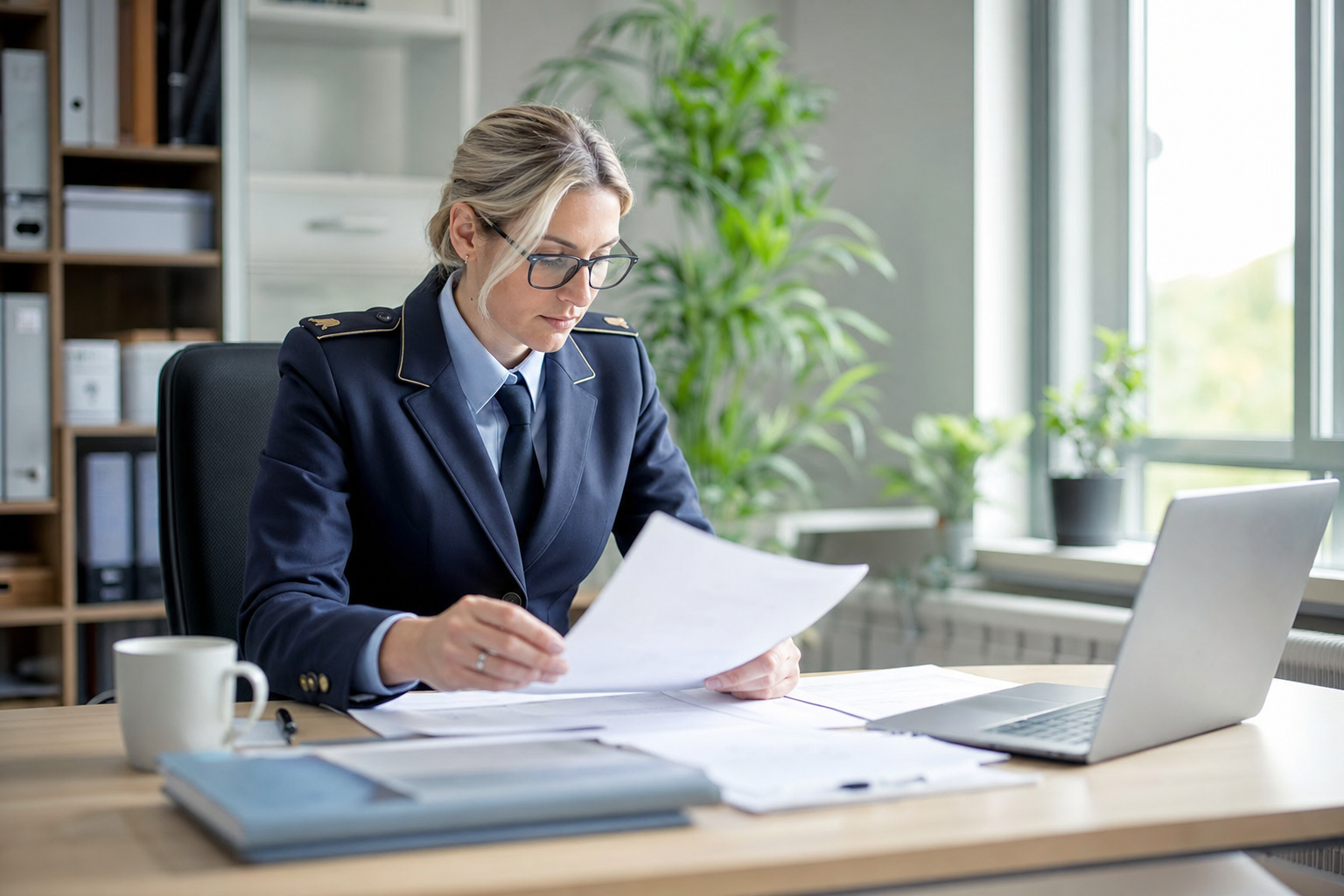 Beamtin prüft an einem Schreibtisch Finanzierungsunterlagen für den geplanten Immobilienkauf
