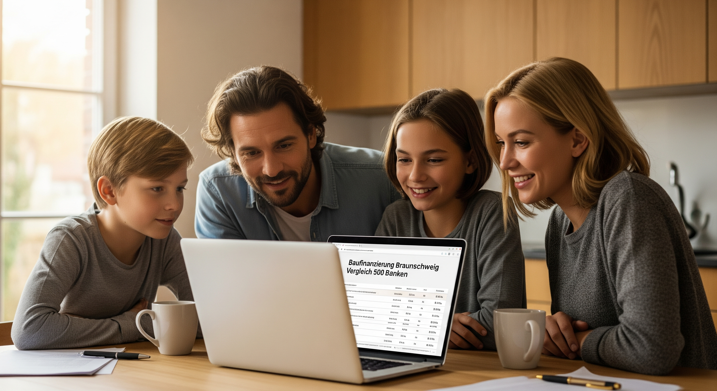 Familie sitzt am Küchentisch und prüft gemeinsam Baufinanzierungsangebote auf einem Laptop