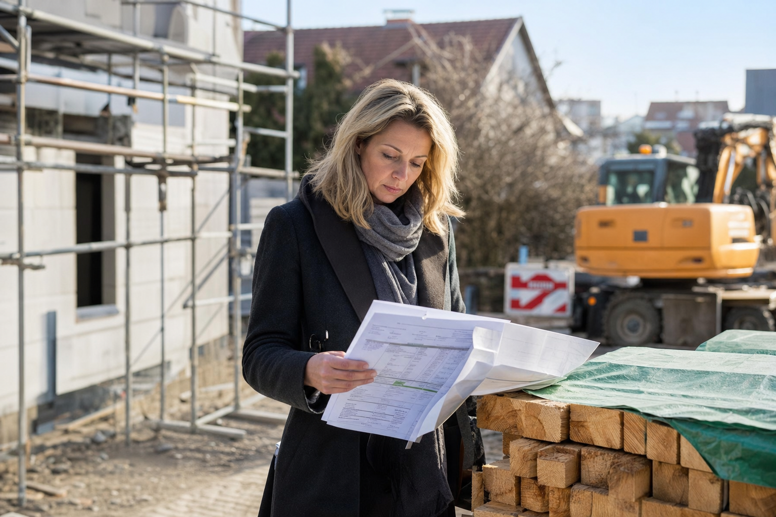 Eine Eigentümerin prüft Rechnungen und Bauunterlagen auf einer modernisierten Baustelle