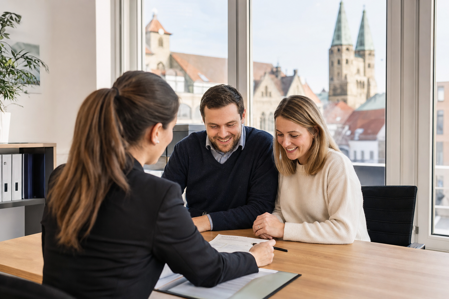 Ehepaar bespricht mit einem Finanzierungsberater Unterlagen für den Hauskauf in Hildesheim