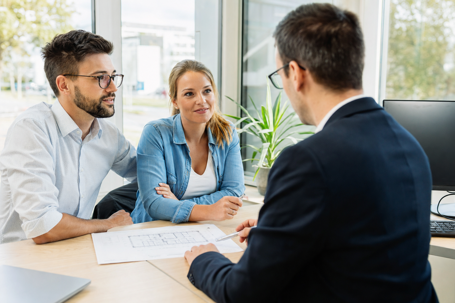 Beratungsgespräch eines Ehepaars mit einem Finanzierungsexperten am Schreibtisch