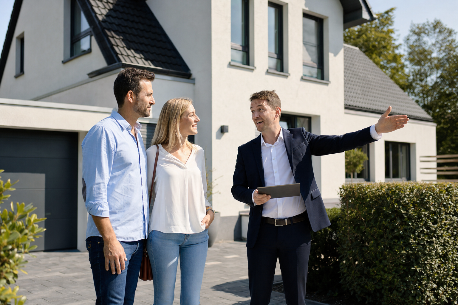Ein Paar besichtigt mit einem Immobilienberater ein Einfamilienhaus in Peine