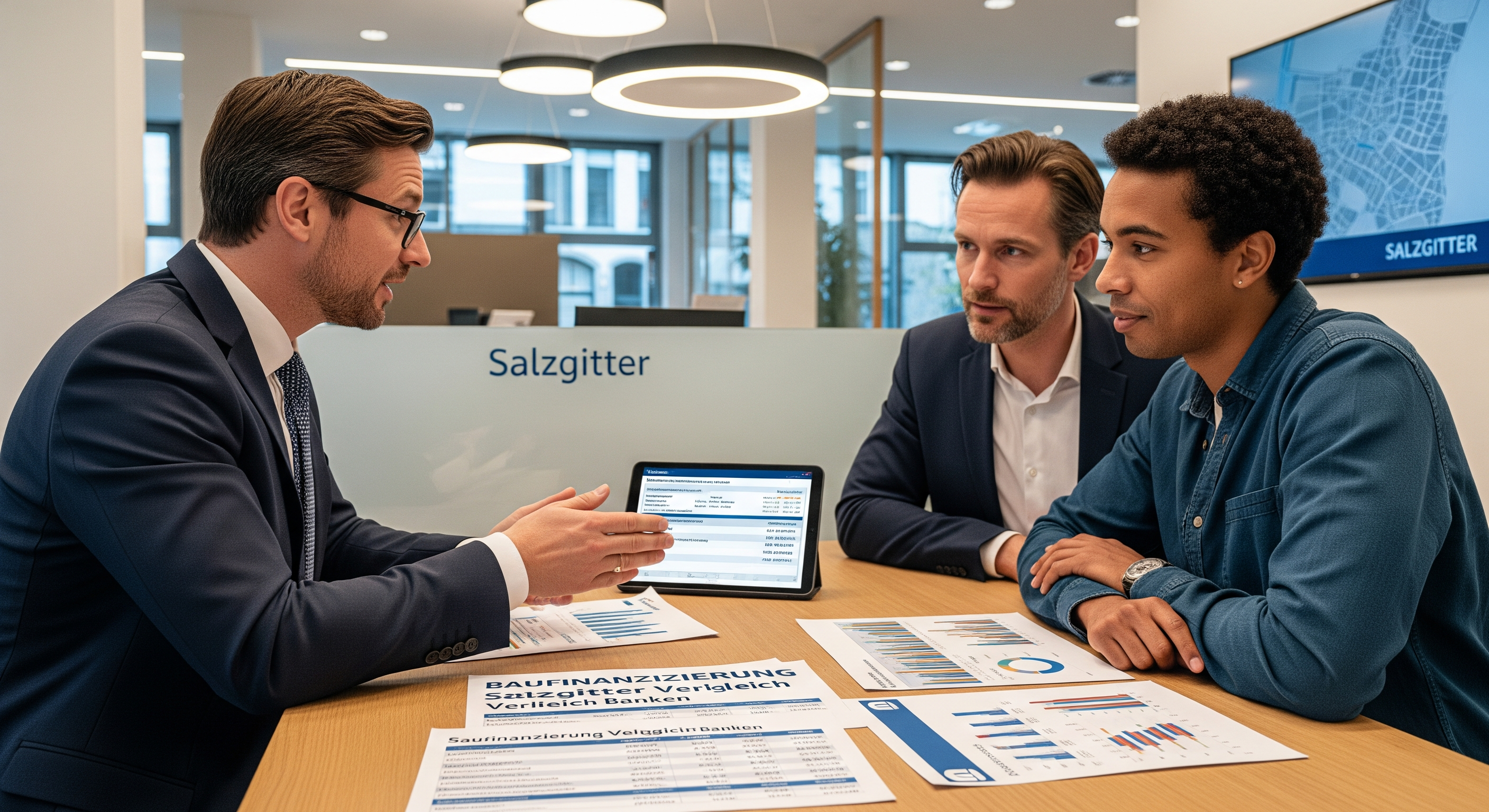 Berater erklärt einem Paar Baufinanzierungsangebote am Schreibtisch in einer Bankfiliale