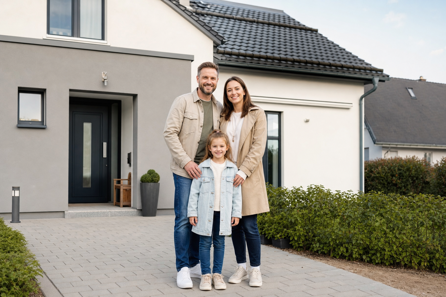 Familie steht vor ihrem neu gekauften Einfamilienhaus und betrachtet zufrieden die Immobilie