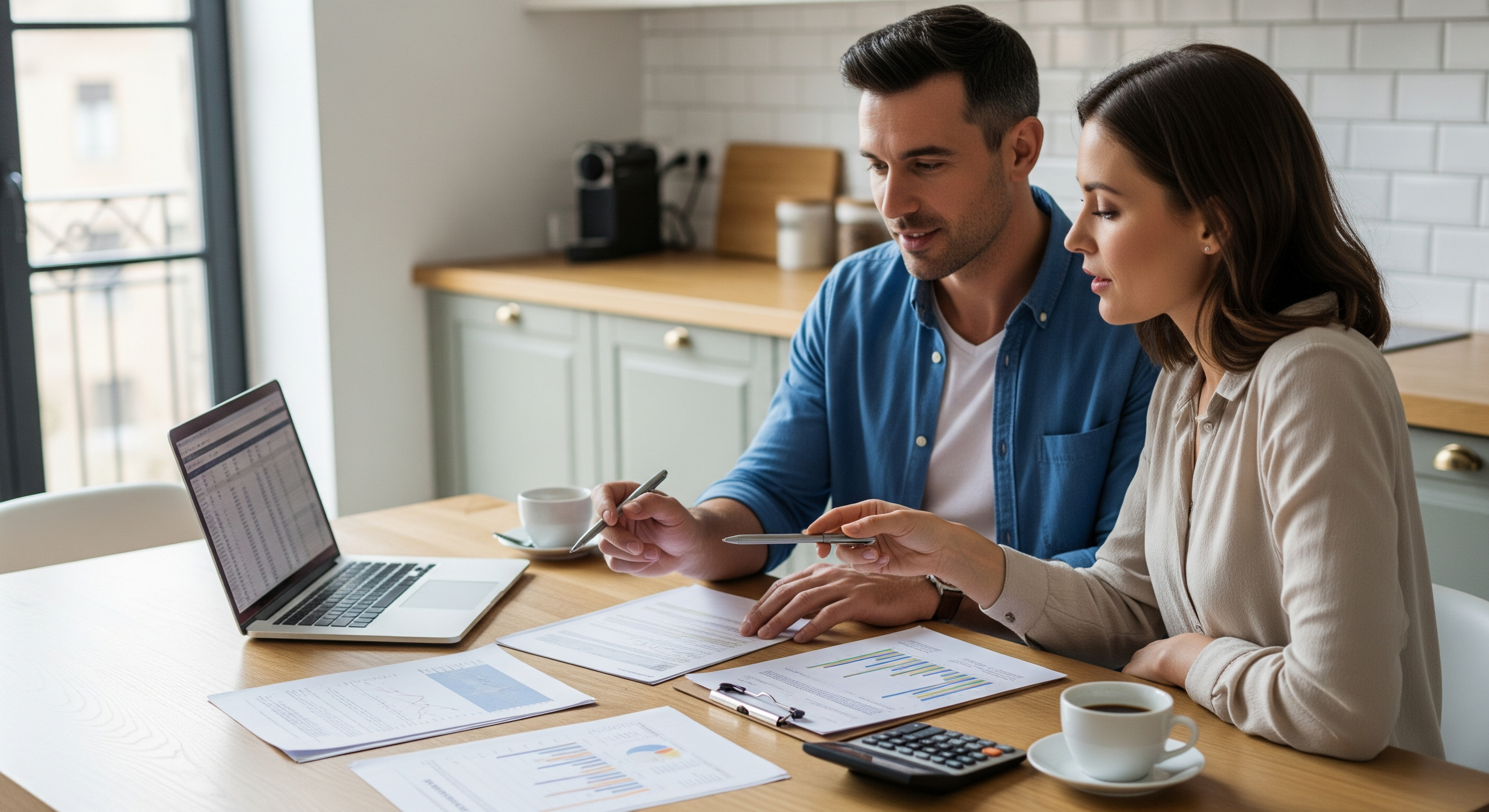 Paar sitzt am Küchentisch und prüft Unterlagen für eine Immobilienfinanzierung