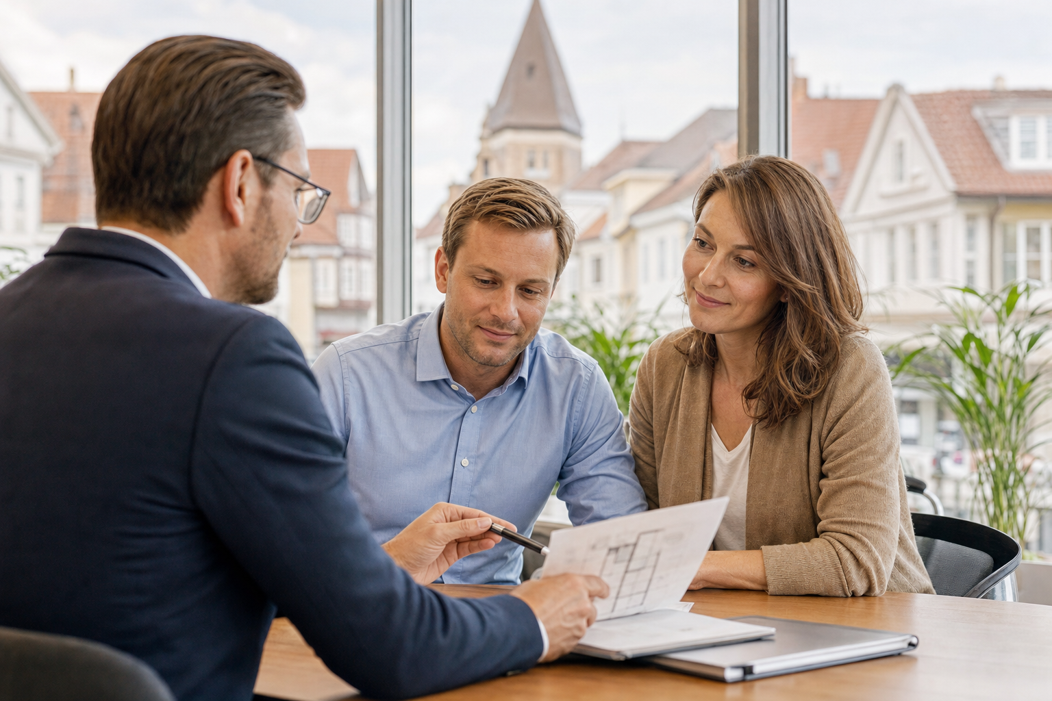 Ehepaar bespricht mit einem Finanzierungsberater Unterlagen für den Immobilienkauf in Wolfenbüttel
