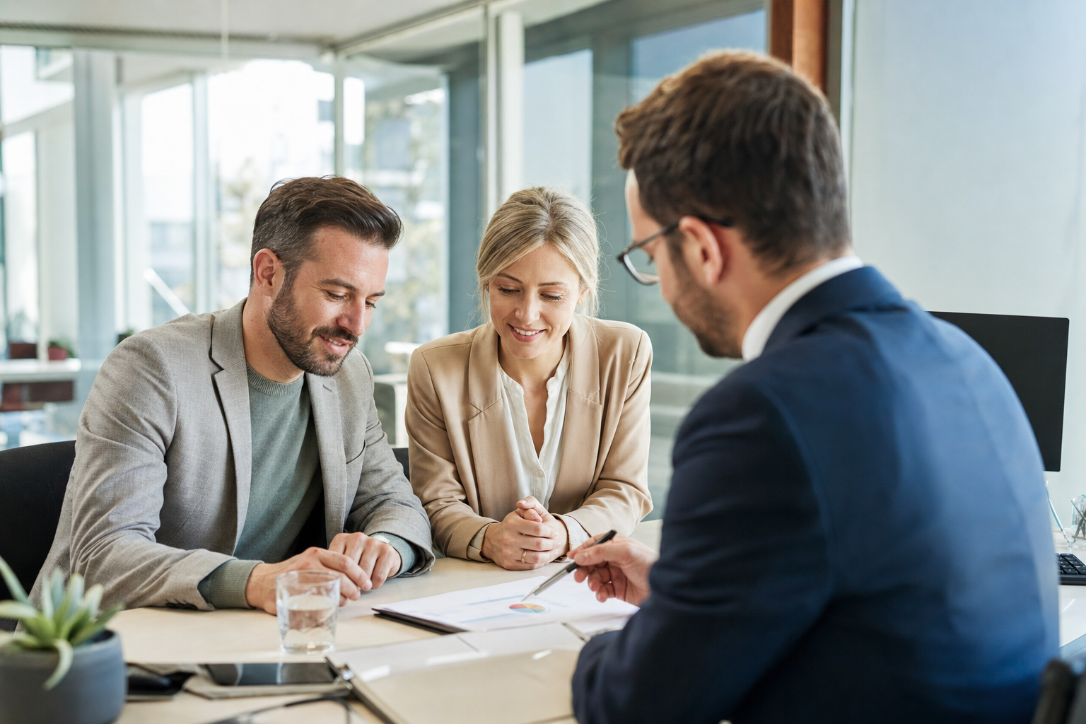 Berater erklärt einem Paar Baufinanzierungsunterlagen in einem modernen Bankbüro