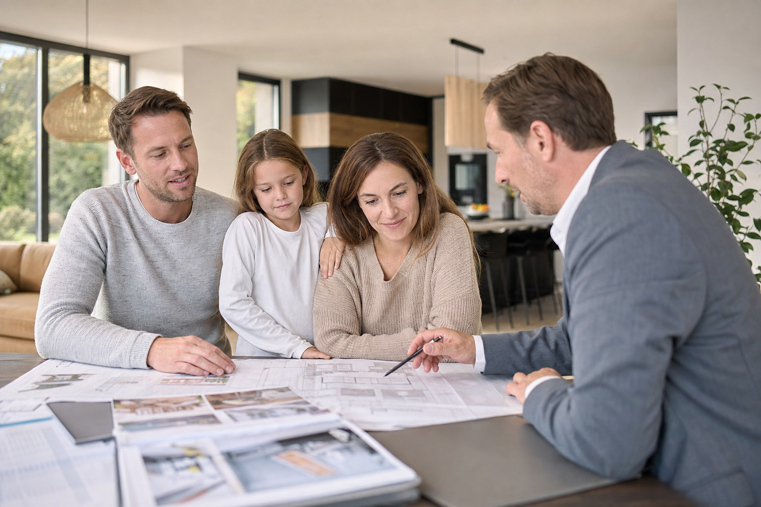 Familie besichtigt ein Einfamilienhaus mit Bauplänen und spricht über Finanzierung