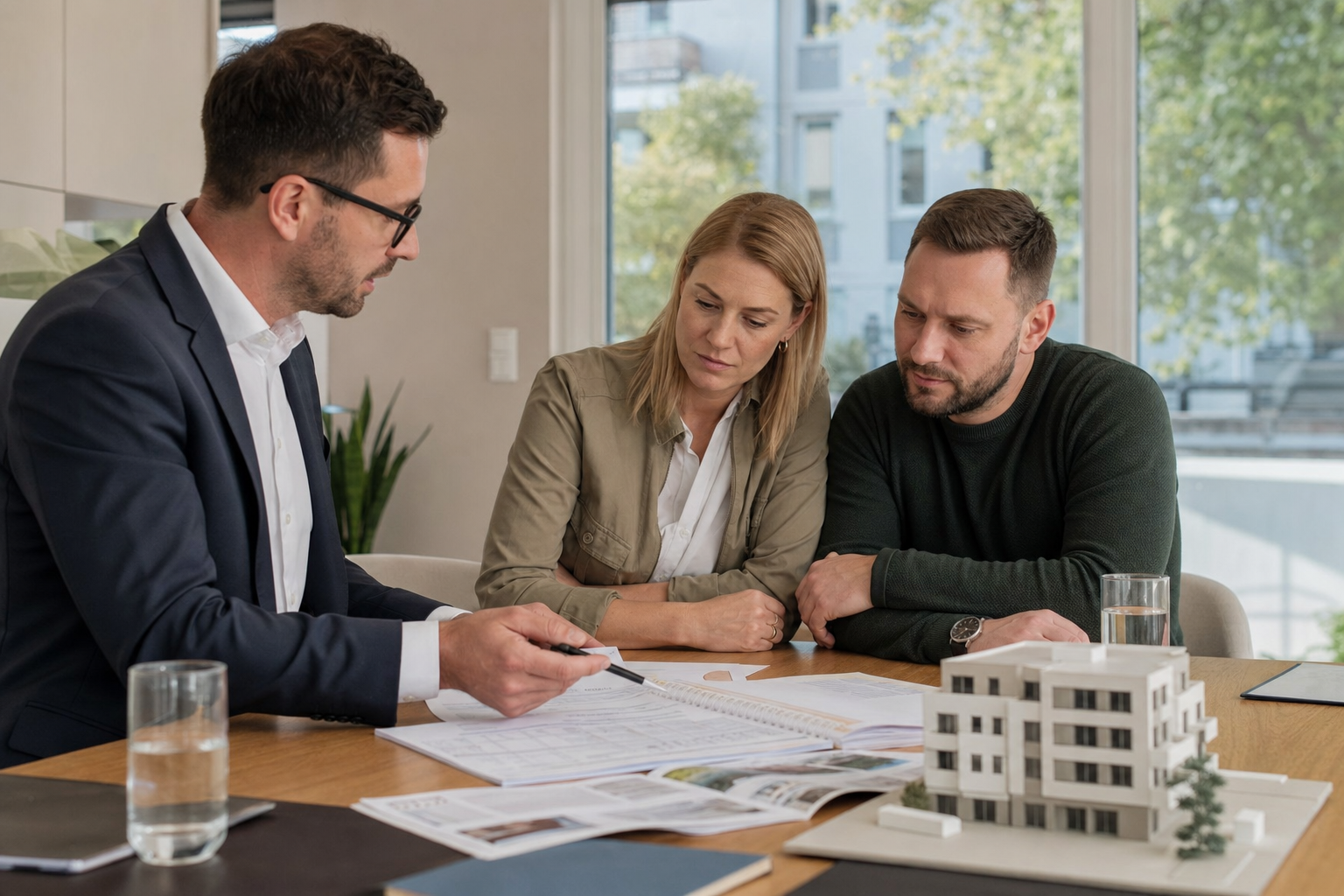 Berater und Kunden sitzen am Tisch und prüfen gemeinsam Finanzierungsunterlagen für einen Immobilienkauf