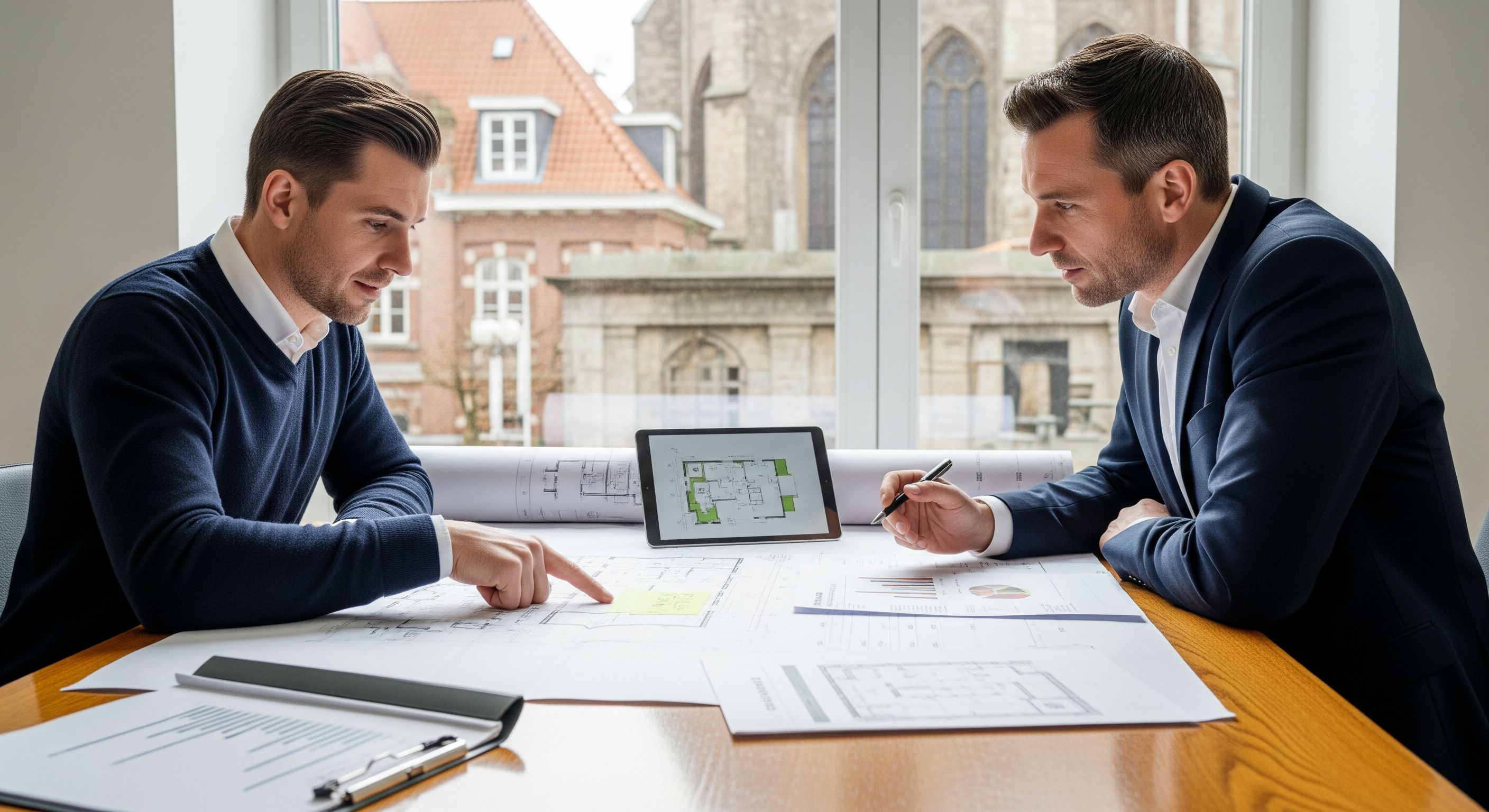 Bauherr und Berater prüfen gemeinsam Baupläne und Finanzierungsunterlagen am Tisch