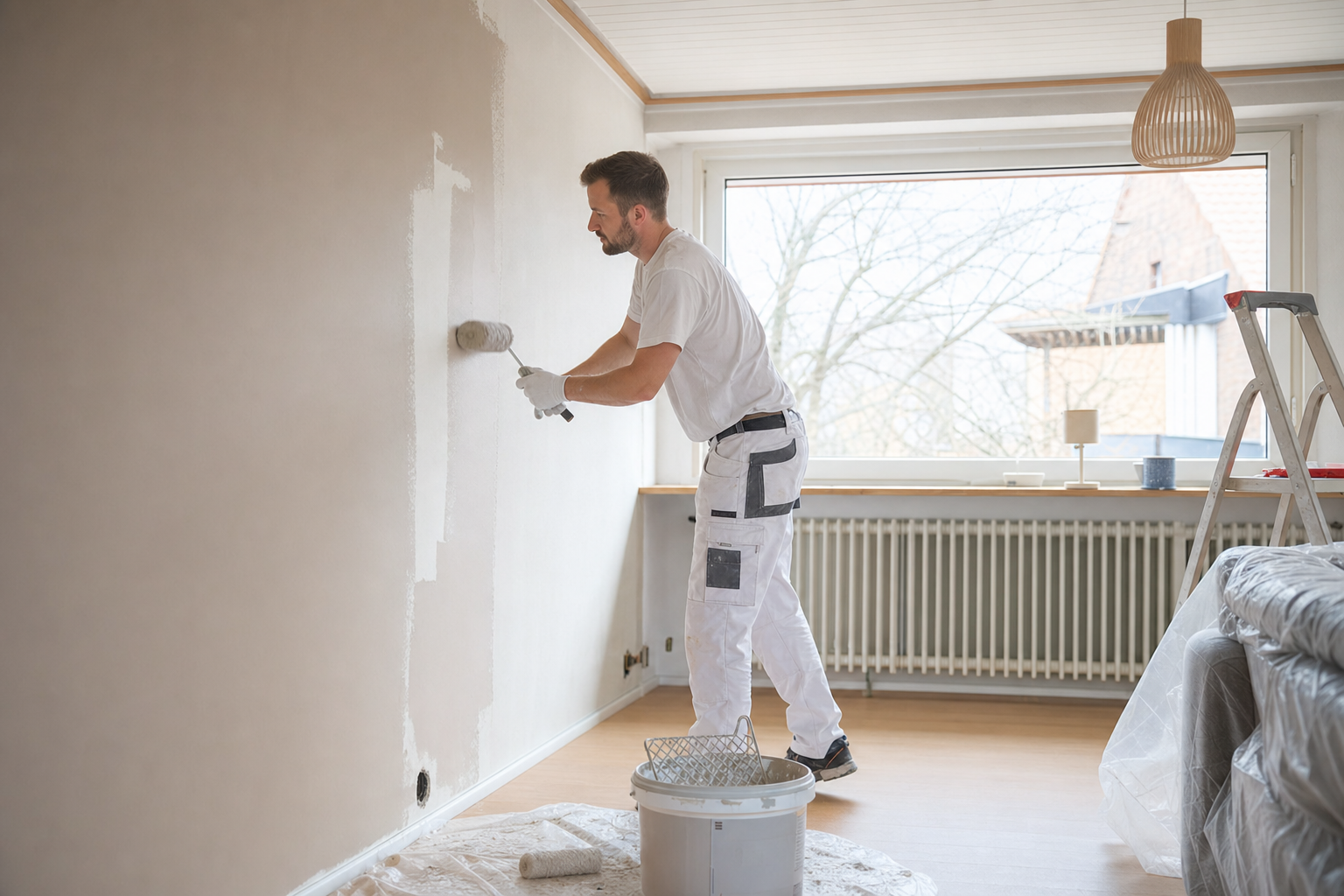 Handwerker renoviert Wohnzimmer eines Einfamilienhauses mit Werkzeug und Farbeimer