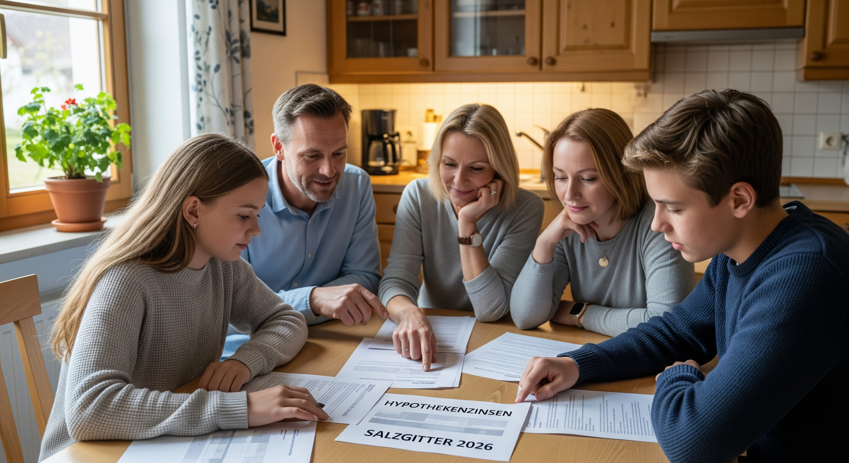 Familie sitzt am Küchentisch und prüft gemeinsam Unterlagen zur Baufinanzierung
