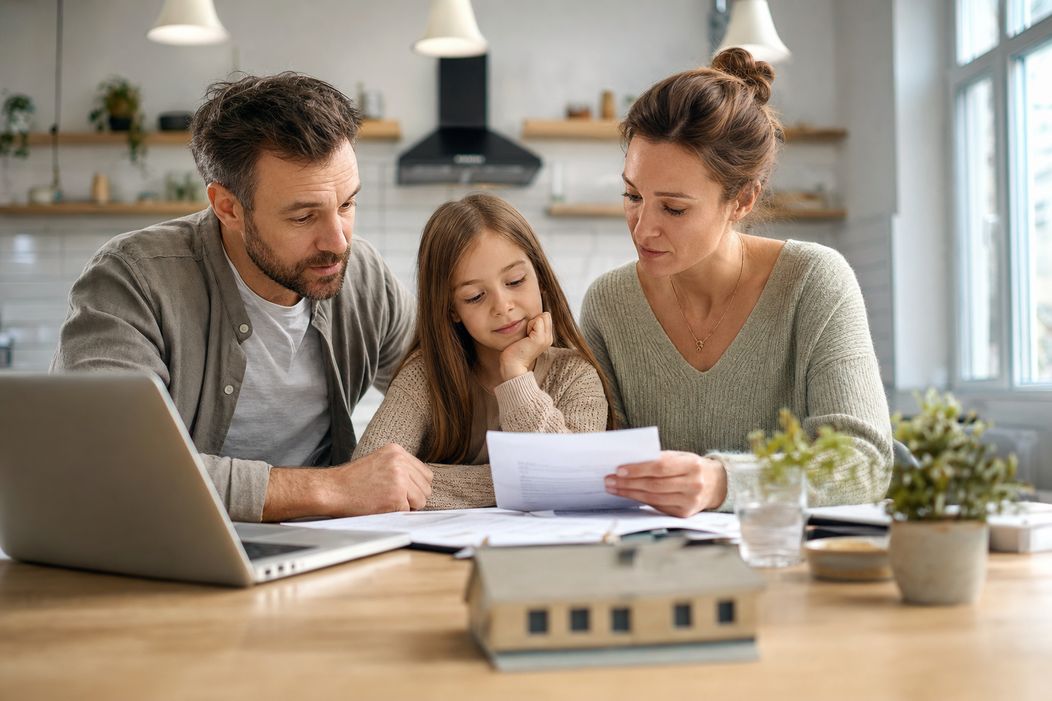 Familie sitzt am Küchentisch und prüft gemeinsam Finanzierungsunterlagen für den Hauskauf