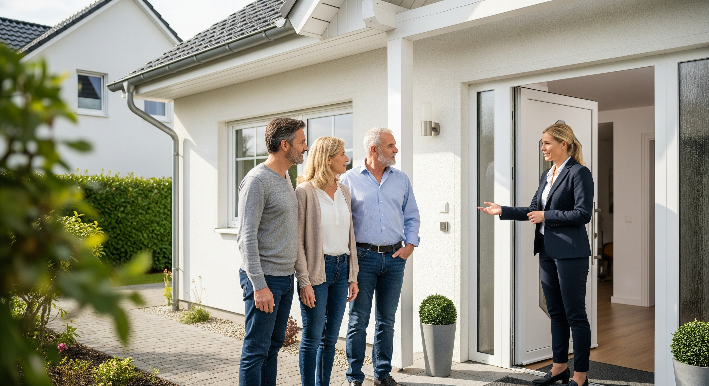 Familie besichtigt Einfamilienhaus in Wolfsburg mit Makler im Eingangsbereich