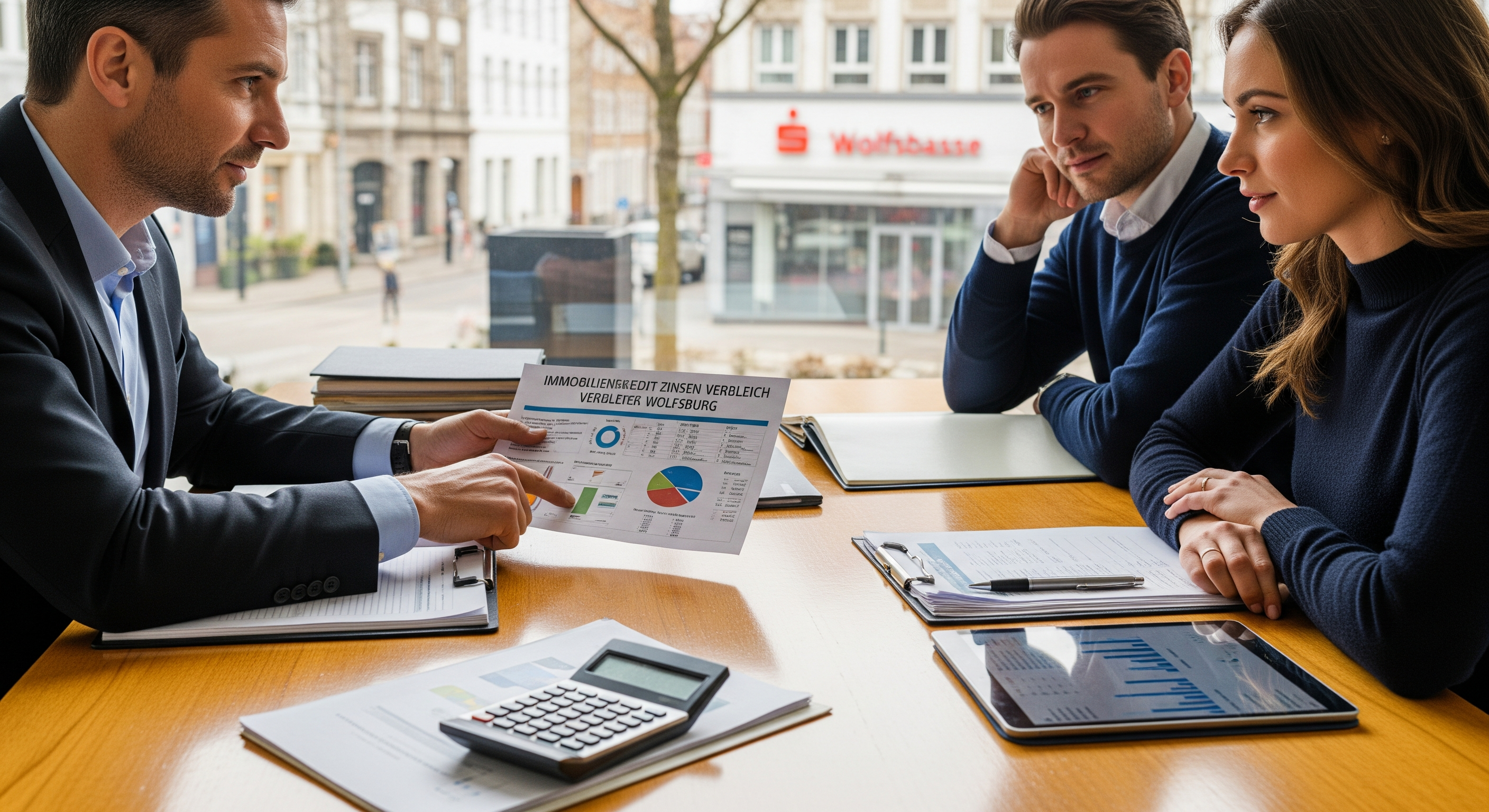 Beratungsgespräch zwischen Bankberater und Paar am Tisch mit Unterlagen zur Baufinanzierung