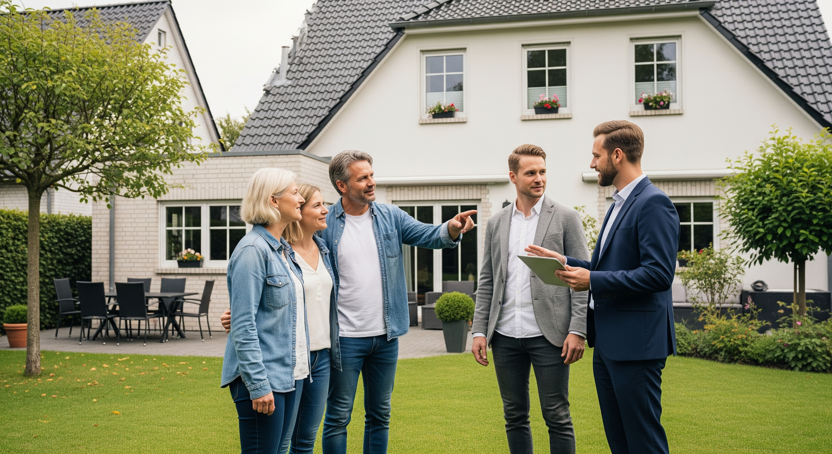 Familie besichtigt ein Einfamilienhaus in Salzgitter mit Makler im Garten