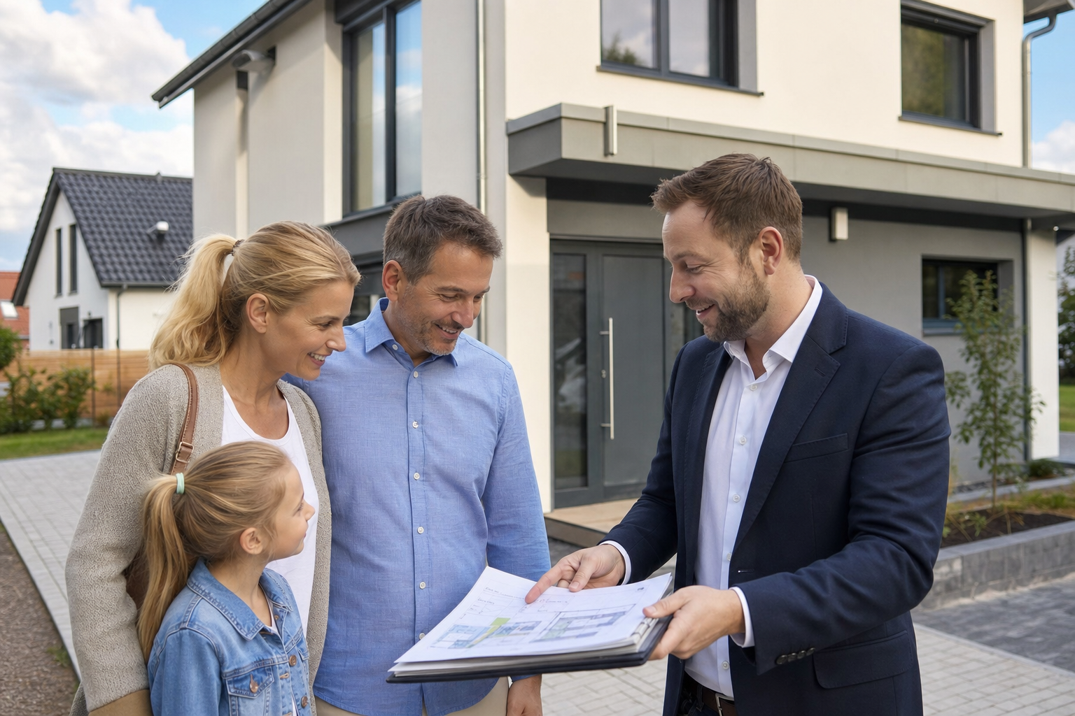 Familie steht vor neu gebautem Einfamilienhaus in einem Wohngebiet in Salzgitter