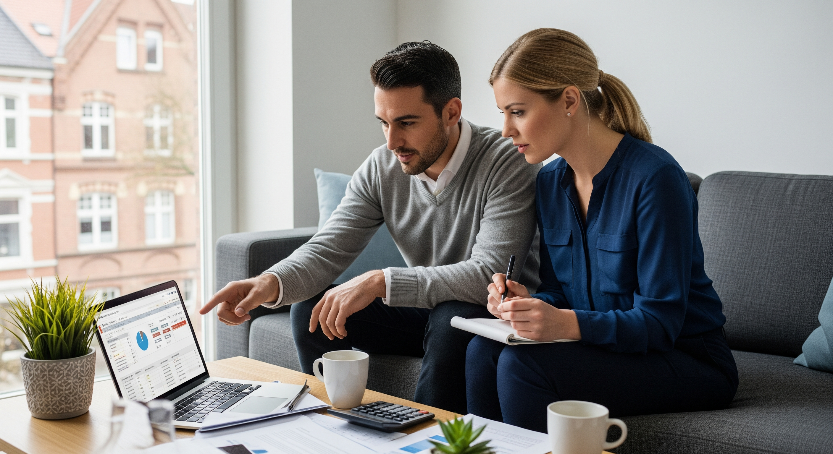 Paar sitzt gemeinsam auf dem Sofa und nutzt Laptop zur Berechnung ihrer Baufinanzierung