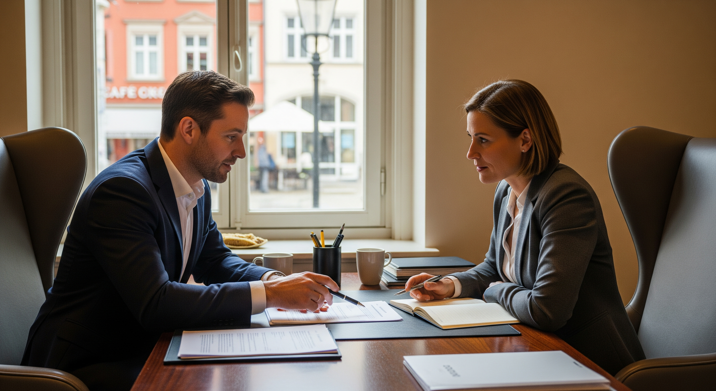 Kunde prüft Finanzierungsunterlagen gemeinsam mit Berater am Schreibtisch