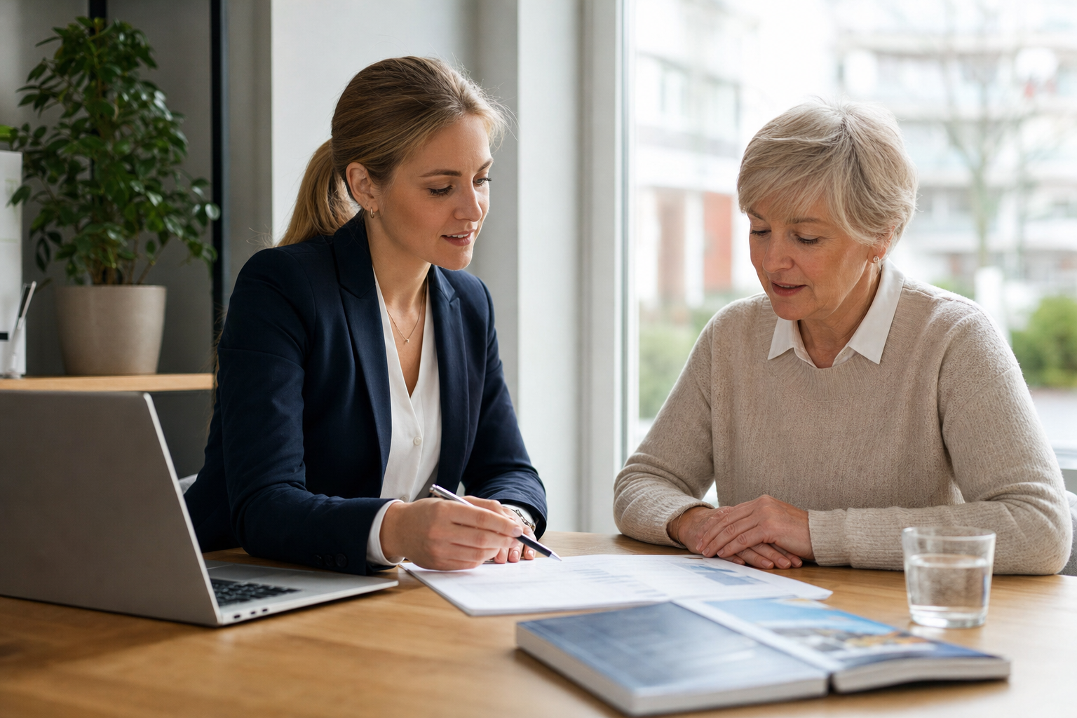 Finanzberaterin bespricht mit einem Eigentümer aktuelle Kreditunterlagen im Büro
