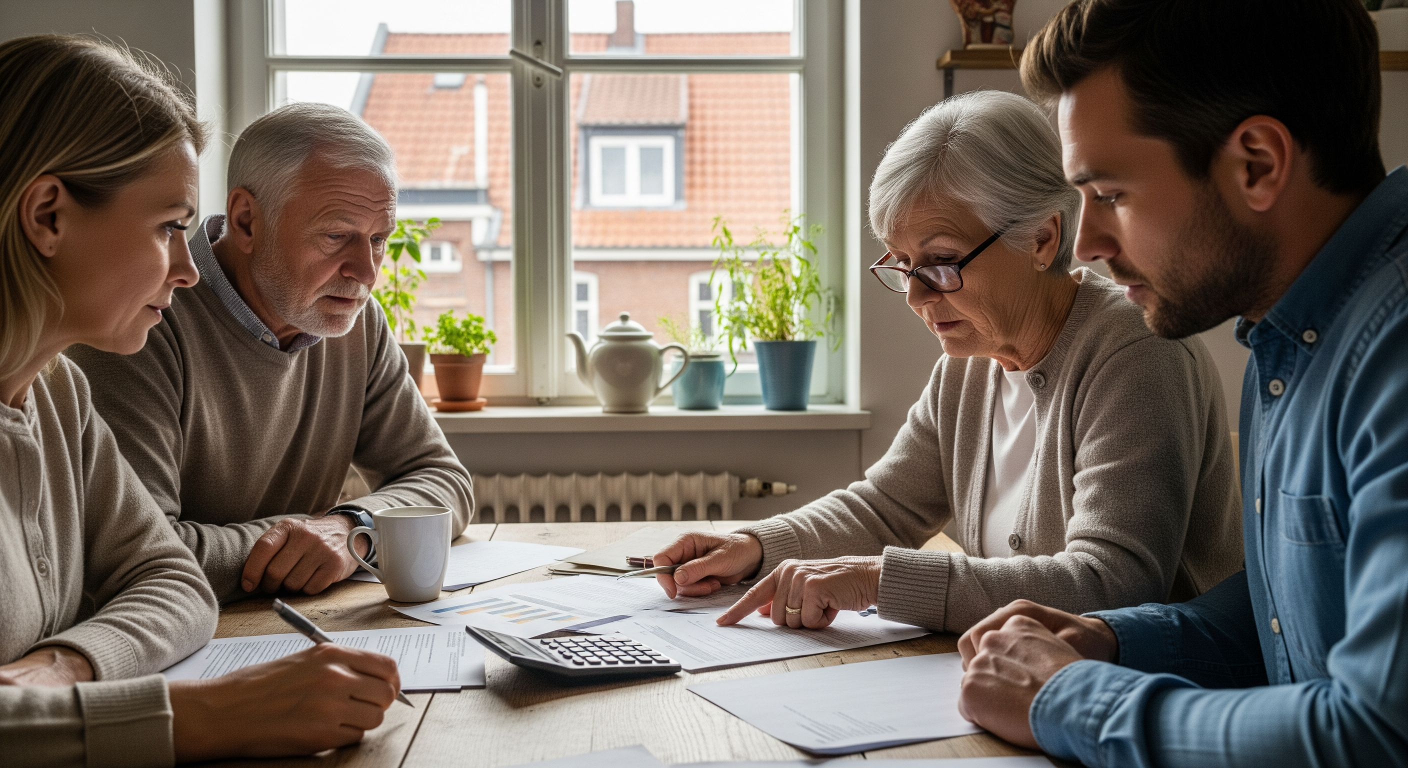 Familie sitzt am Küchentisch und prüft Immobilienfinanzierungsunterlagen mit Taschenrechner