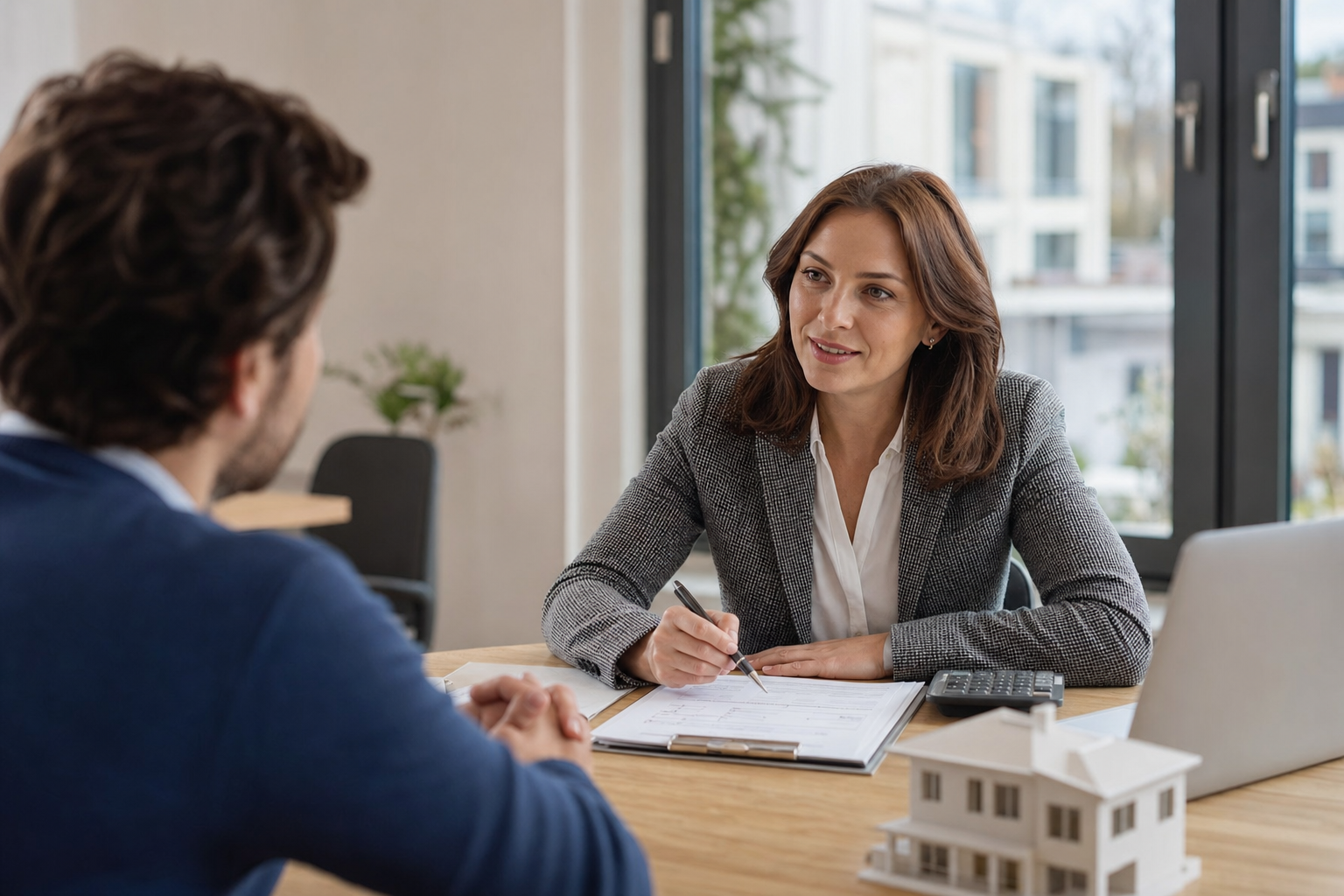 Beratungsgespräch eines Immobilienkäufers mit einer Finanzierungsexpertin am Schreibtisch