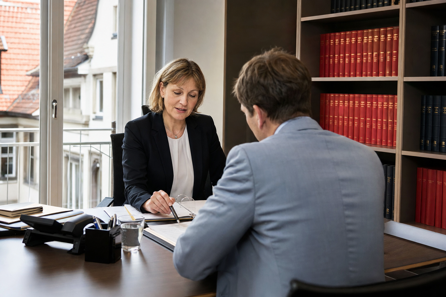 Notarin bespricht mit einem Immobilienkäufer den Grundschuldvertrag im Büro