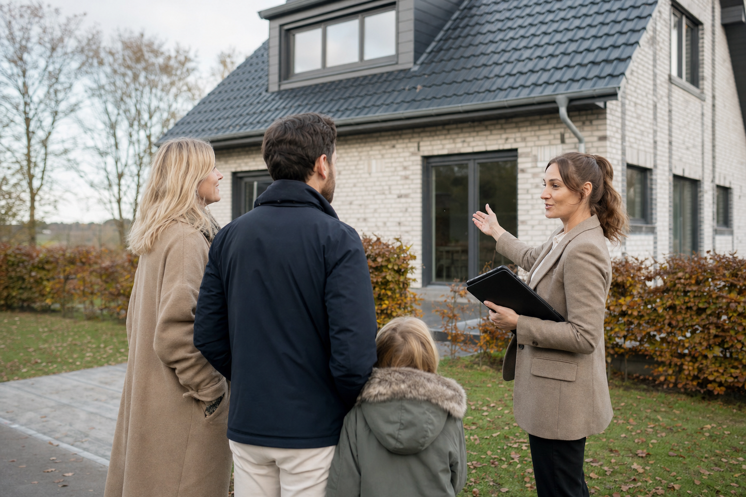 Familie besichtigt gemeinsam mit einem Makler ein Einfamilienhaus im Grünen