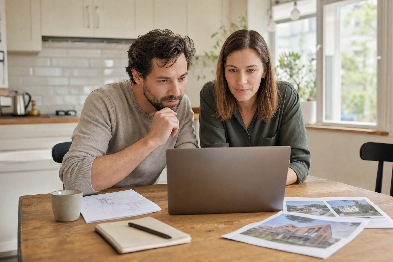Ein Paar sitzt am Küchentisch und vergleicht internationale Immobilienangebote auf einem Laptop