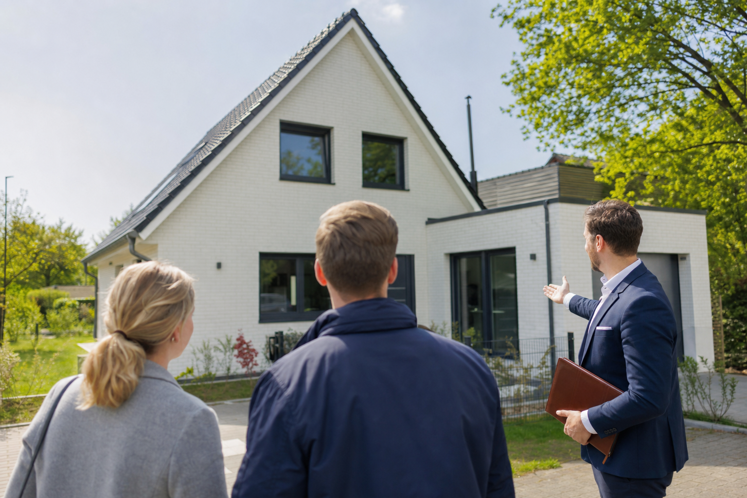 Immobilienmaklerin zeigt Kaufinteressenten ein zum Verkauf stehendes Einfamilienhaus