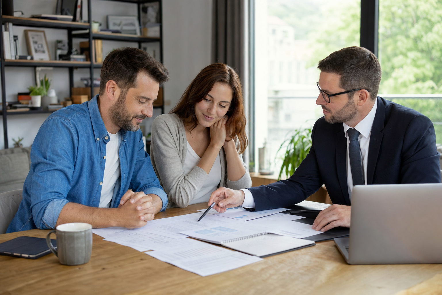 Ehepaar bespricht mit einem Finanzierungsberater Unterlagen zum Verkauf seines Hauses